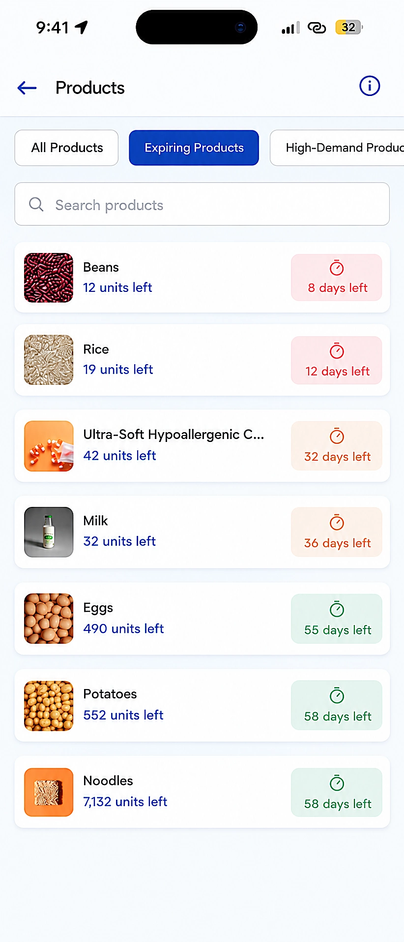 PRIVM expiring products list showing units left and days left for each item